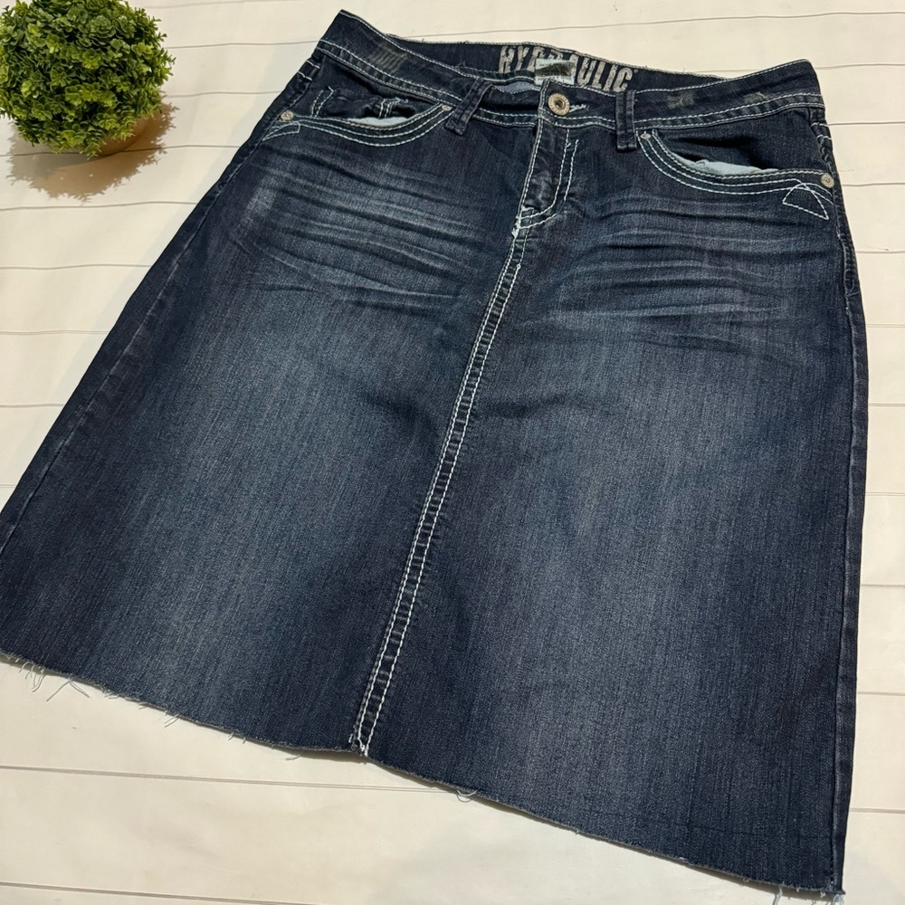 Hydraulic Dark Wash Sandblasted Raw Hem Long Modest Denim Jean Skirt Size‎ 12